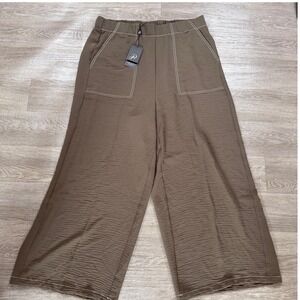Adrianna Papell Brown Wide Leg Textured Pants Contrast Stitch AD1S303071 Large